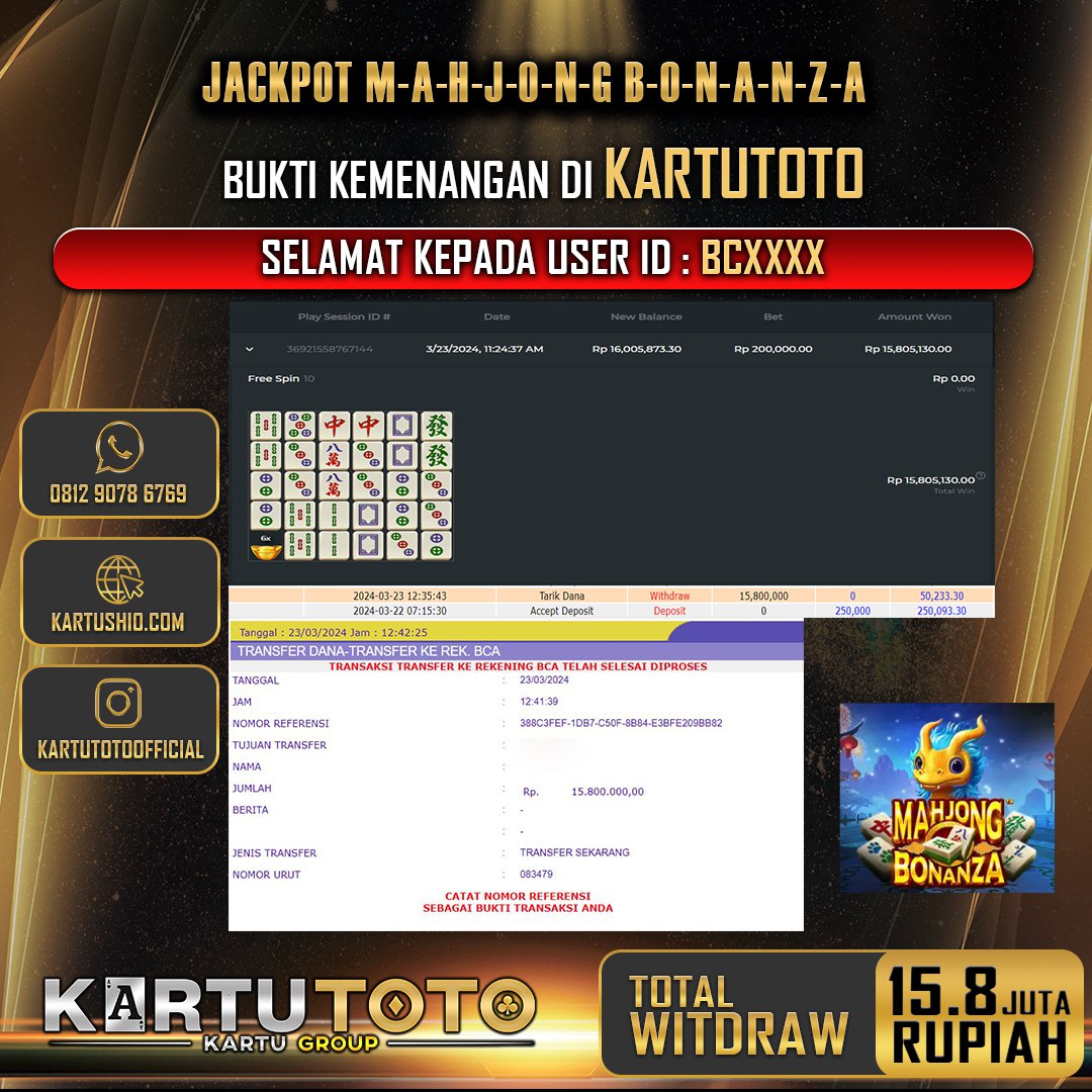 KARTUTOTO JACKPOT SLOT MAHJONG BONANZA Rp. 15.800.000,- LUNAS