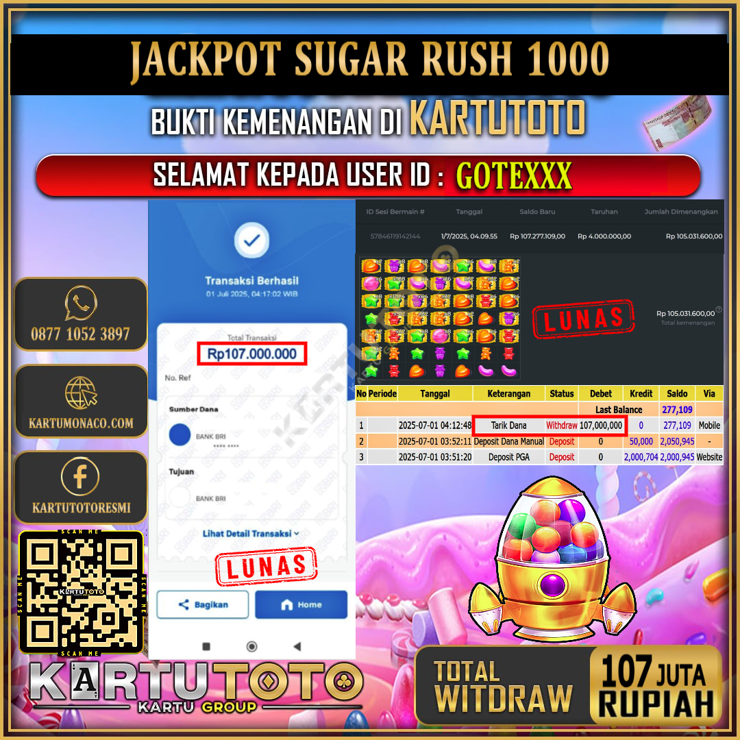 KARTUTOTO JACKPOT SLOT SUGAR RUSH 1000 Rp.107.000.000,- LUNAS USER ID :  GOTE***
