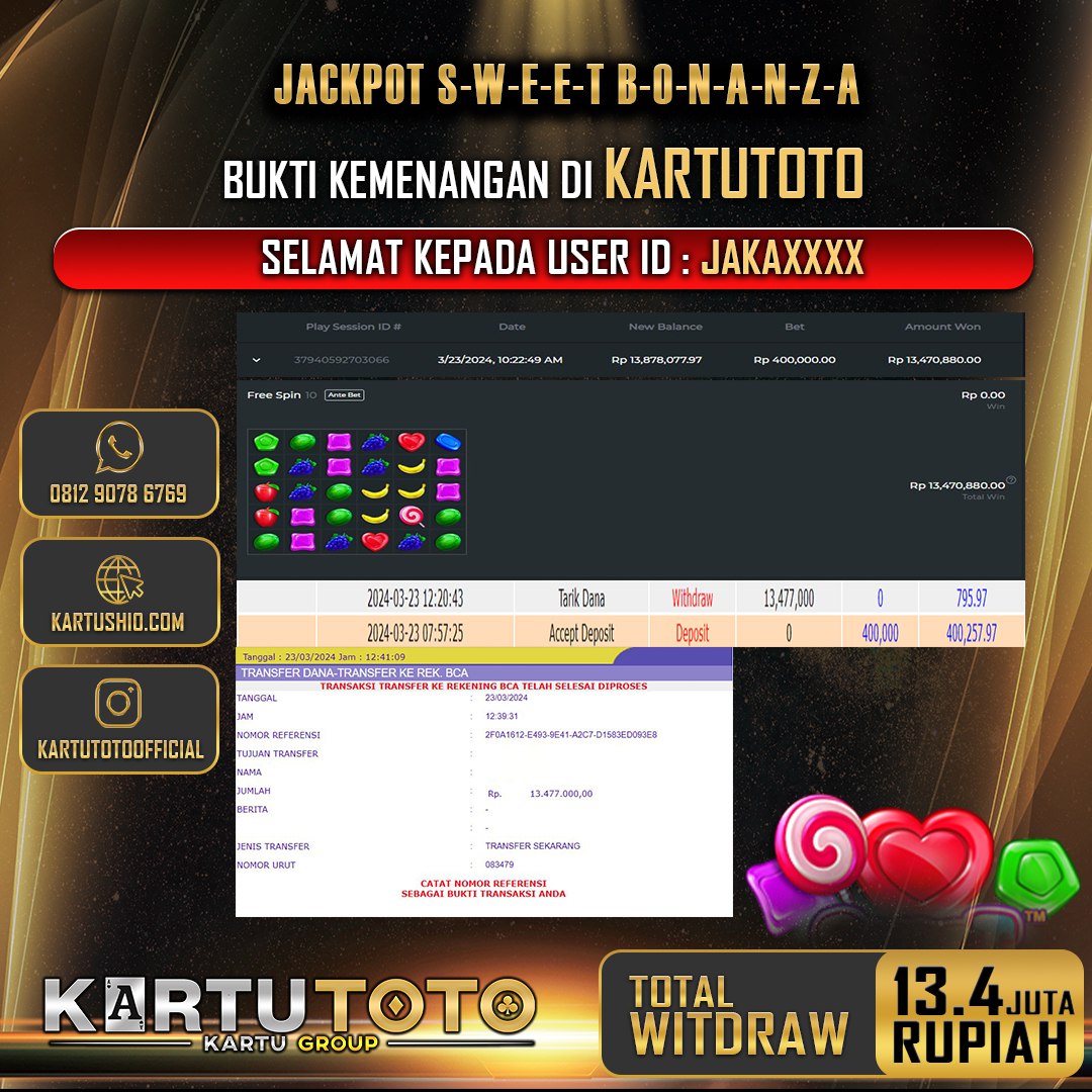 KARTUTOTO JACKPOT SLOT SWEET BONANZA Rp. 13.400.000,- LUNAS