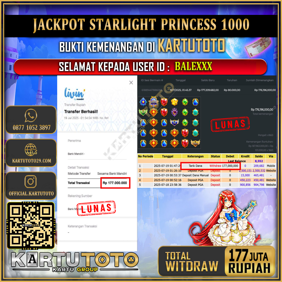 KARTUTOTO JACKPOT SLOT STARLIGHT PRINCESS 1000 Rp.177.000.000,- LUNAS USER ID : BALE***