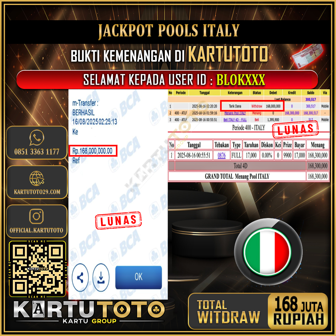 KARTUTOTO JACKPOT TOGEL ITALY Rp.168.000.000,- LUNAS USER ID :  BLOK***