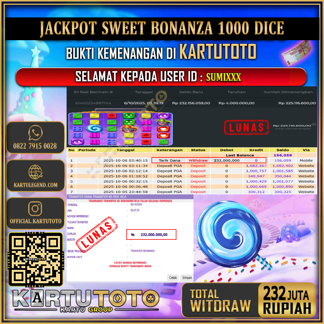 KARTUTOTO JACKPOT SLOT SWEET BONANZA 1000 DICE Rp.232.000.000,- LUNAS USER ID : SUMI***	