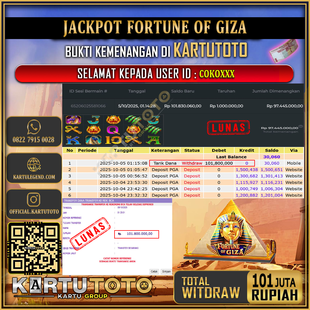 KARTUTOTO JACKPOT SLOT FORTUNE OF GIZA Rp.101.000.000,- LUNAS USER ID : COKO***	