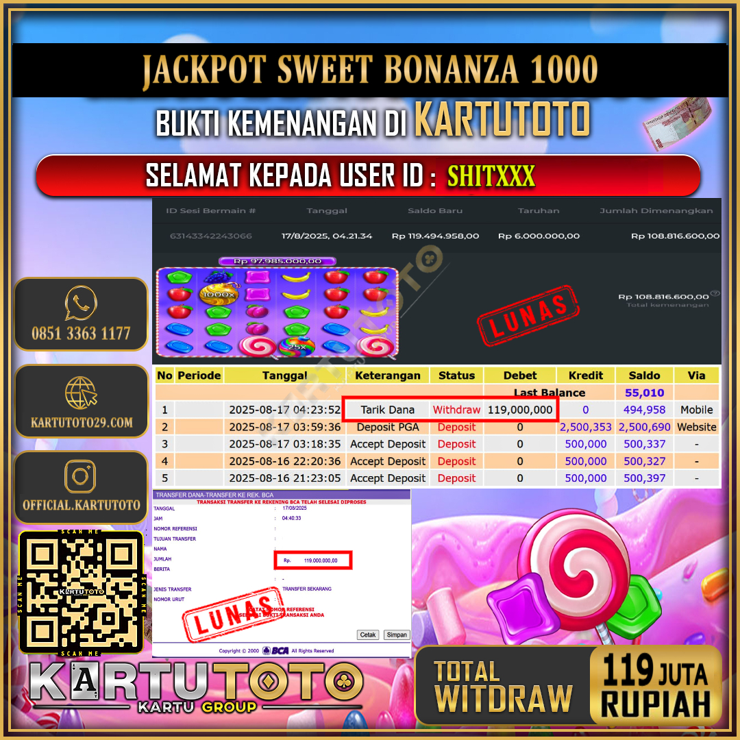 KARTUTOTO JACKPOT SLOT SWEET BONANZA 1000 Rp.119.000.000,- LUNAS USER ID :  SHIT***