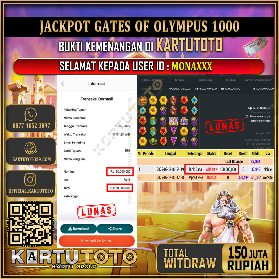 KARTUTOTO JACKPOT SLOT GATES OF OLYMPUS 1000 Rp.150.000.000,- LUNAS USER ID : MONA***
