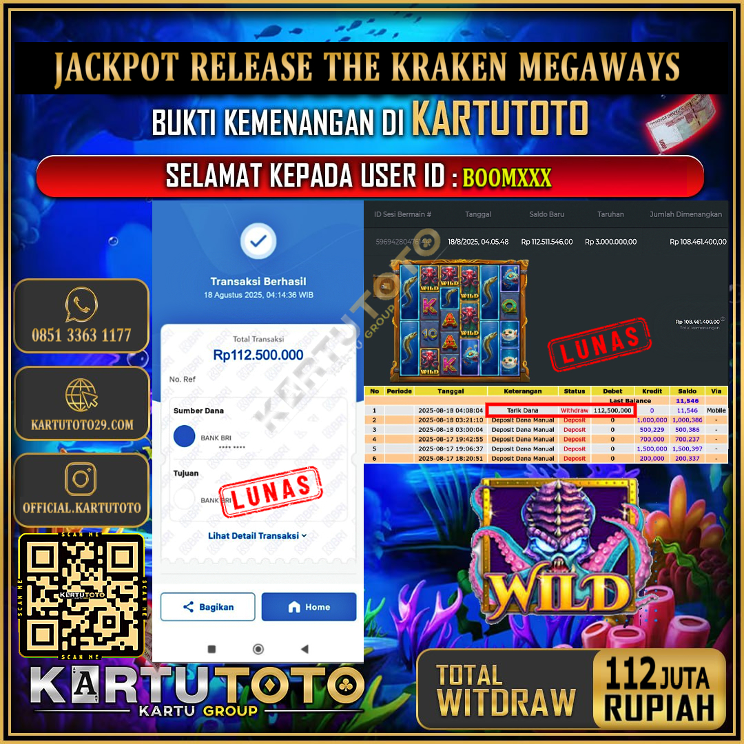 KARTUTOTO JACKPOT SLOT RELEASE THE KRAKEN MEGAWAYS Rp.112.000.000,- LUNAS USER ID :  BOOM***