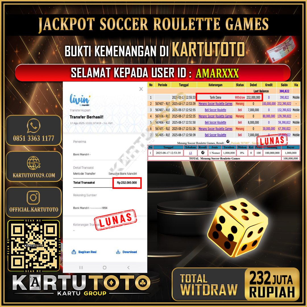 KARTUTOTO JACKPOT SLOT SOCCER ROULETTE GAMES Rp.232.000.000,- LUNAS USER ID :  AMAR***
