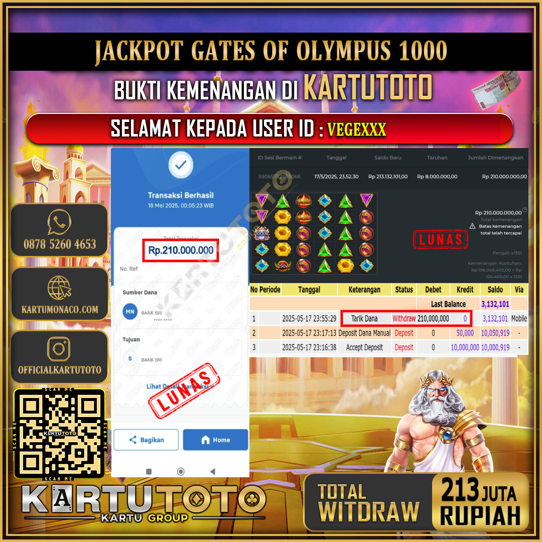 KARTUTOTO JACKPOT SLOT GATES OF OLYMPUS 1000 Rp.213.000.000,- LUNAS USER ID : VEGE***