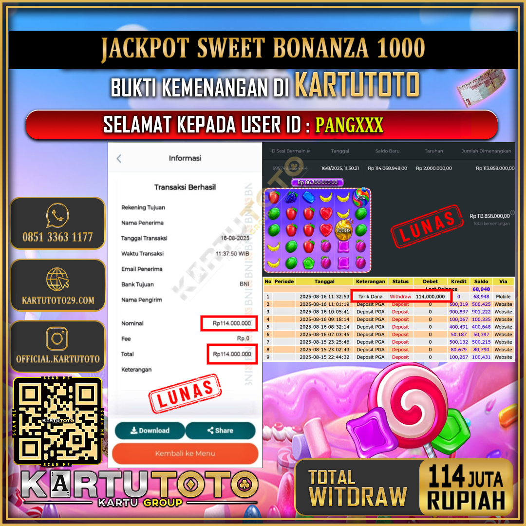 KARTUTOTO JACKPOT SLOT SWEET BONANZA 1000 Rp.114.000.000,- LUNAS USER ID :  PANG***