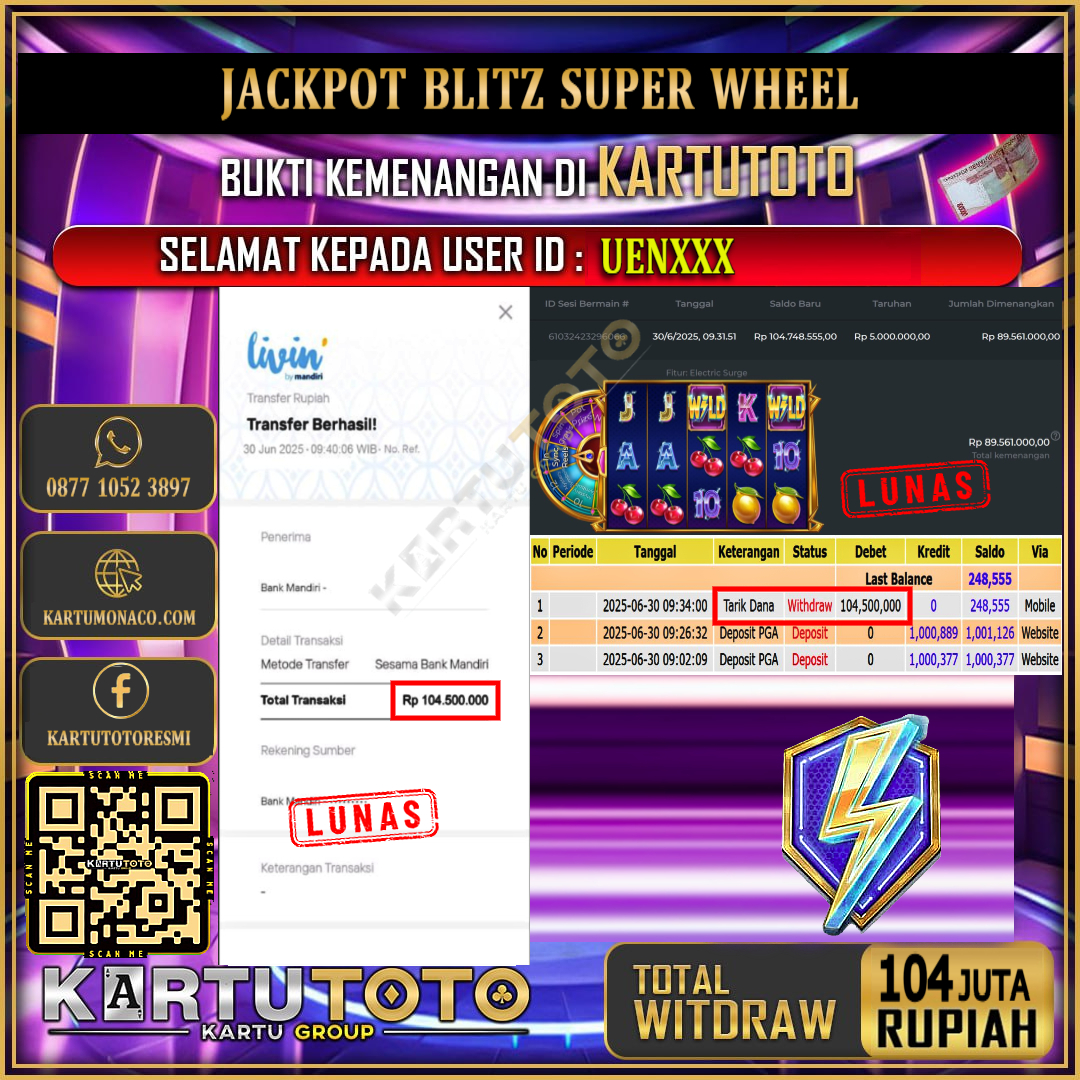 KARTUTOTO JACKPOT SLOT BLITZ SUPER WHEEL Rp.104.000.000,- LUNAS USER ID : UEN***