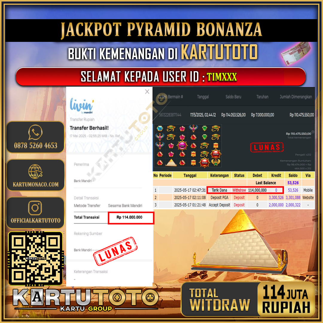 KARTUTOTO JACKPOT SLOT PYRAMID BONANZA Rp.114.000.000,- LUNAS USER ID : TIM***
