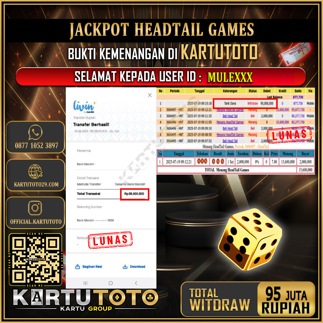 KARTUTOTO JACKPOT LIVE GAME HEADTAIL GAMES Rp.95.000.000,- LUNAS USER ID : MULE***