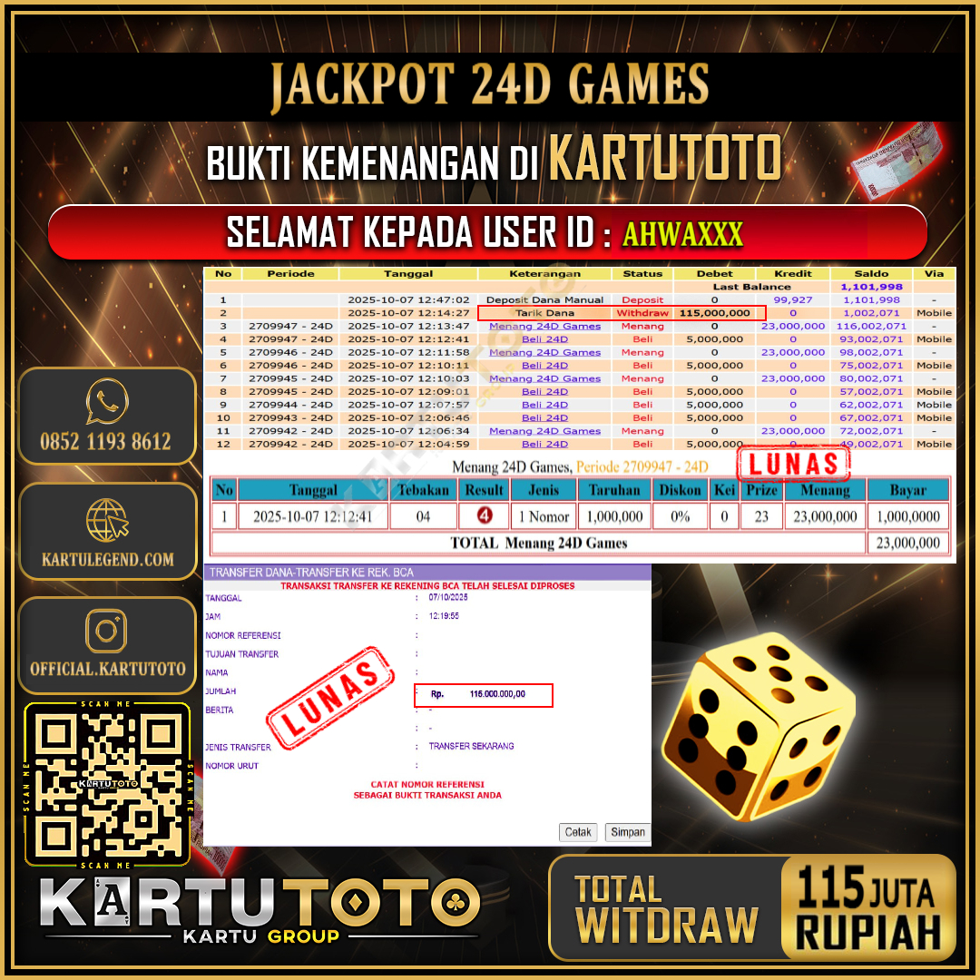 KARTUTOTO JACKPOT LIVE GAME 24D GAMES Rp.115.000.000,- LUNAS USER ID : AHWA***	