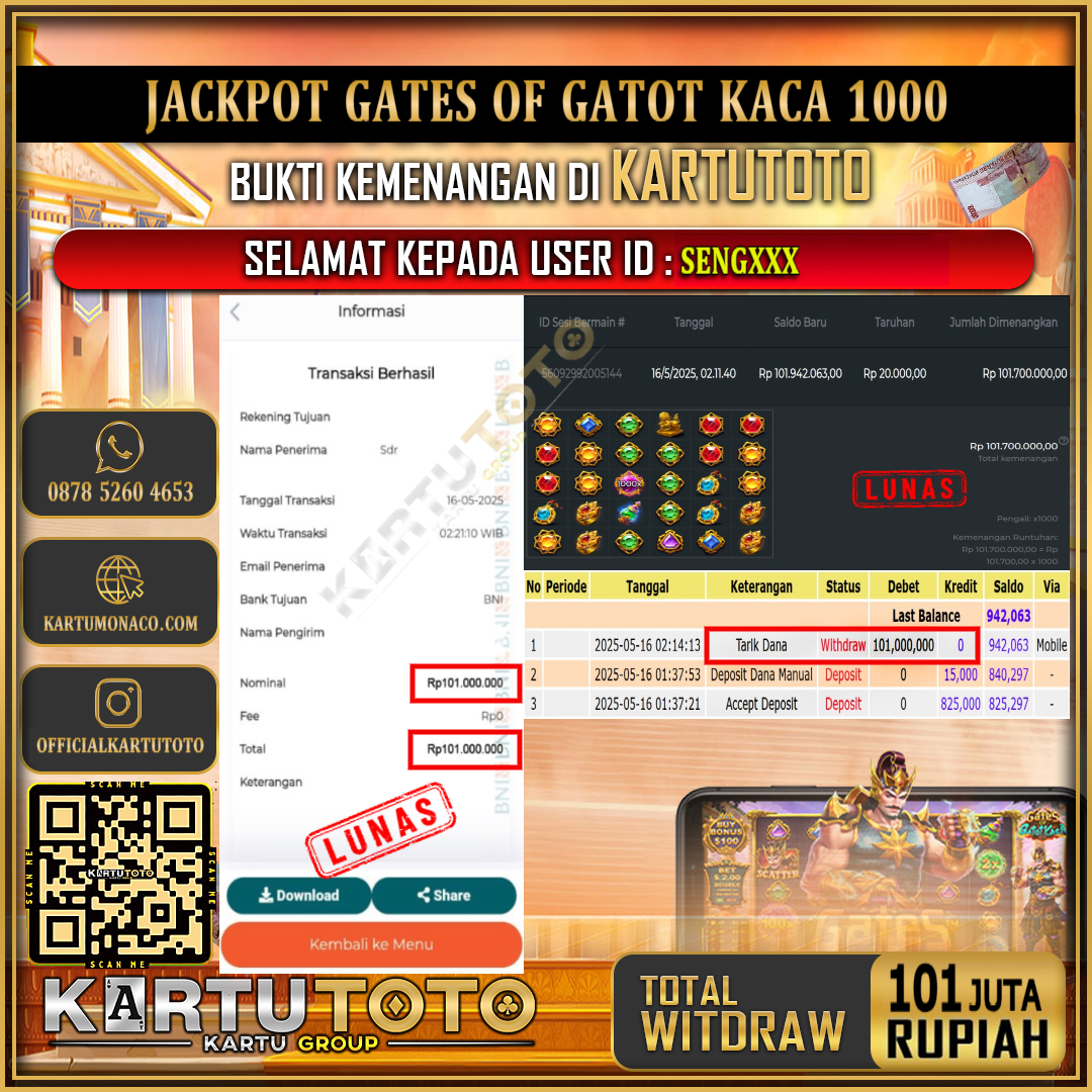 KARTUTOTO JACKPOT SLOT GATES OF GATOT KACA 1000 Rp.101.000.000,- LUNAS USER ID : SENG***