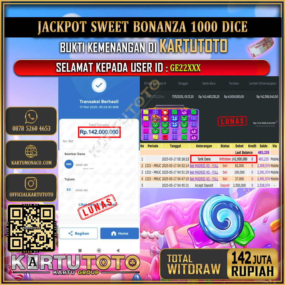 KARTUTOTO JACKPOT SLOT SWEET BONANZA 1000 DICE Rp.142.000.000,- LUNAS USER ID : GE22***