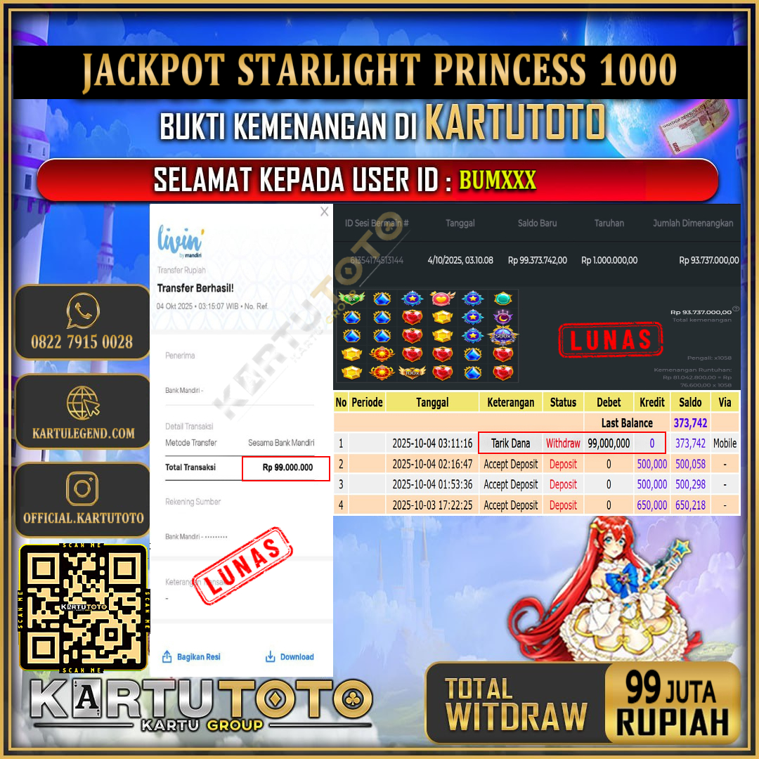 KARTUTOTO JACKPOT SLOT STARLIGHT PRINCESS 1000 Rp.99.000.000,- LUNAS USER ID : BUM***	