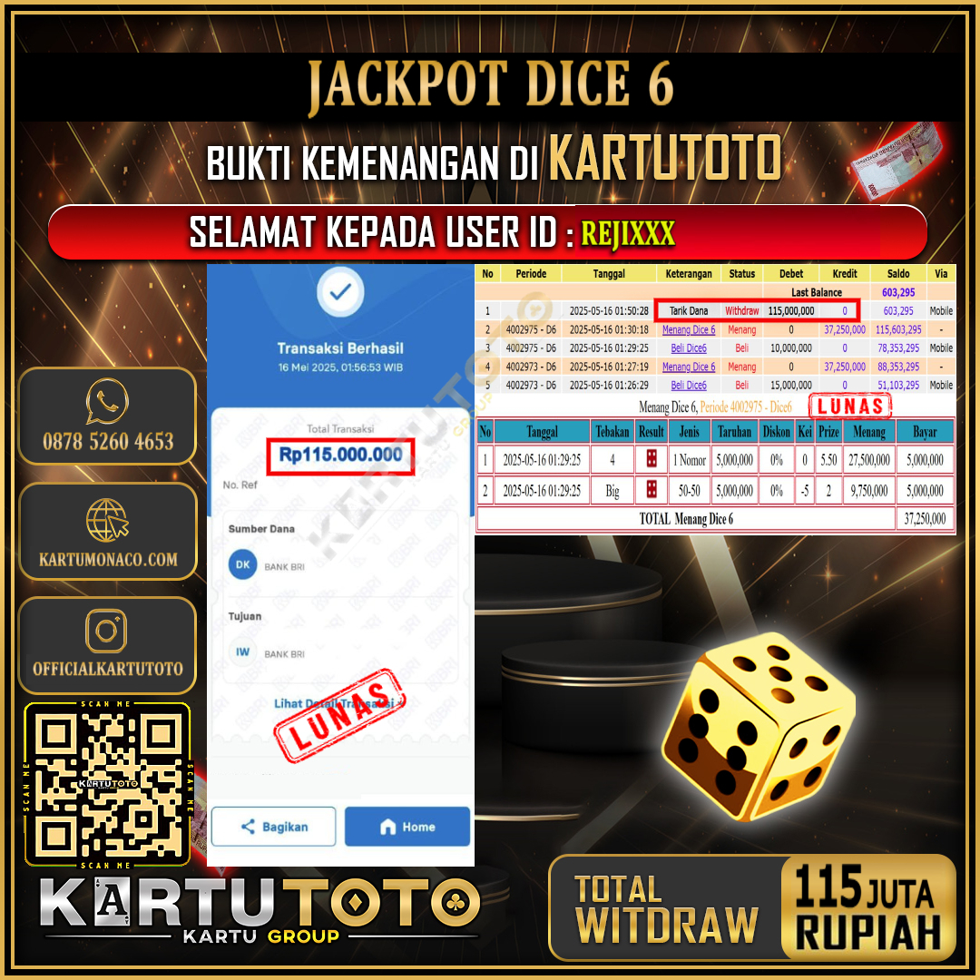 KARTUTOTO JACKPOT LIVE GAME DICE 6 Rp.115.000.000,- LUNAS USER ID : REJI***