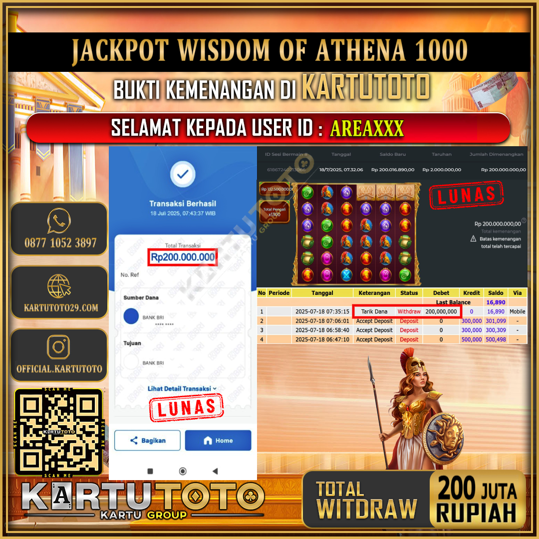 KARTUTOTO JACKPOT SLOT WISDOM OF ATHENA 1000 Rp.200.000.000,- LUNAS USER ID : AREA***