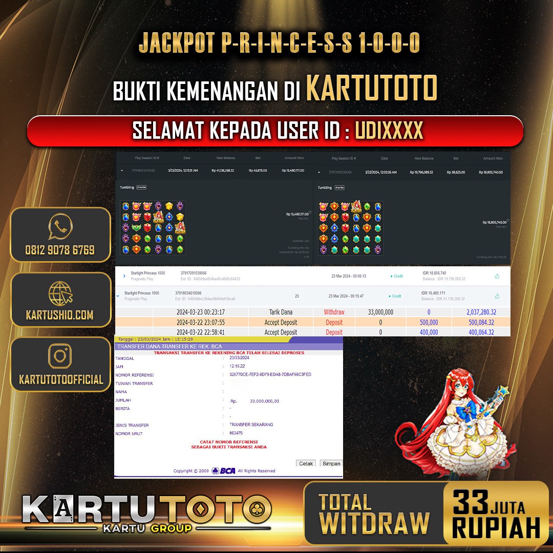 KARTUTOTO JACKPOT SLOT STARLIGHT PRINCESS 1000 Rp. 33.000.000,- LUNAS
