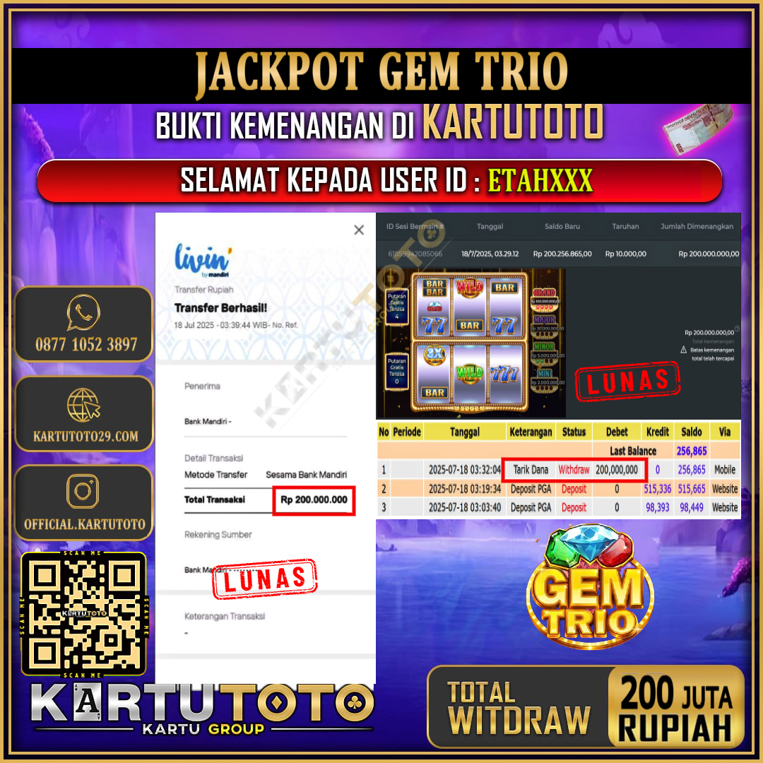 KARTUTOTO JACKPOT SLOT GEM TRIO Rp.200.000.000,- LUNAS USER ID : ETAH***