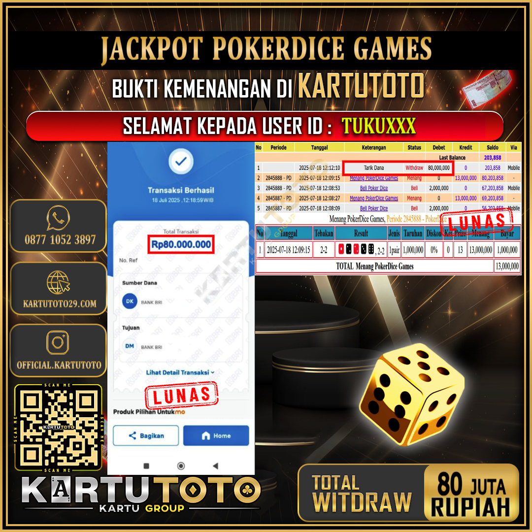 KARTUTOTO JACKPOT LIVE GAME POKERDICE GAMES Rp.80.000.000,- LUNAS USER ID : TUKU***
