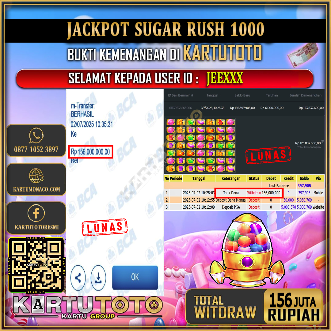 KARTUTOTO JACKPOT SLOT SUGAR RUSH 1000 Rp.156.000.000,- LUNAS USER ID :  JEE***