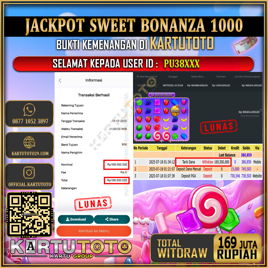 KARTUTOTO JACKPOT SLOT SWEET BONANZA 1000 Rp.169.000.000,- LUNAS USER ID : PU38***