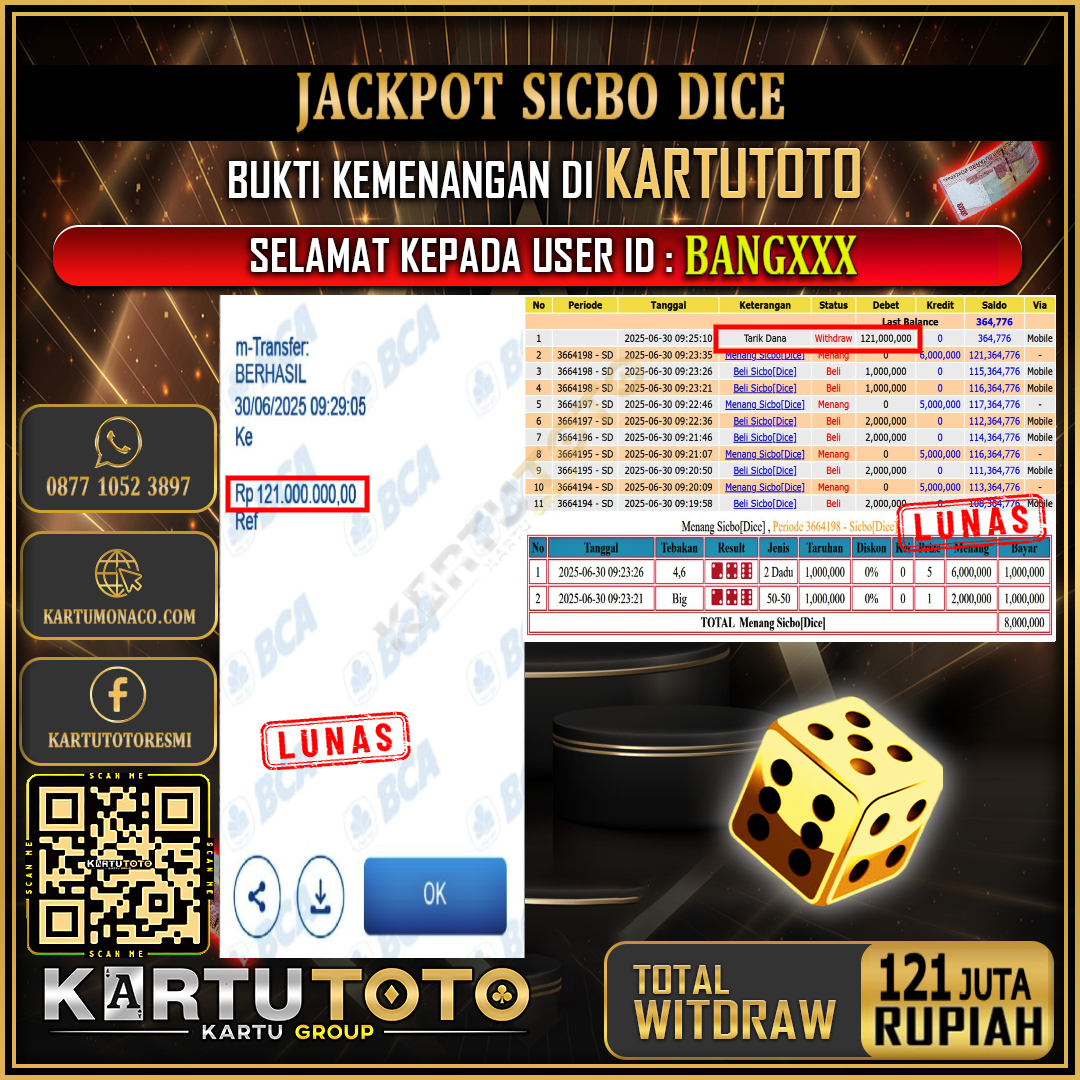 KARTUTOTO JACKPOT LIVE GAME SICBO DICE Rp.121.000.000,- LUNAS USER ID : BANG***