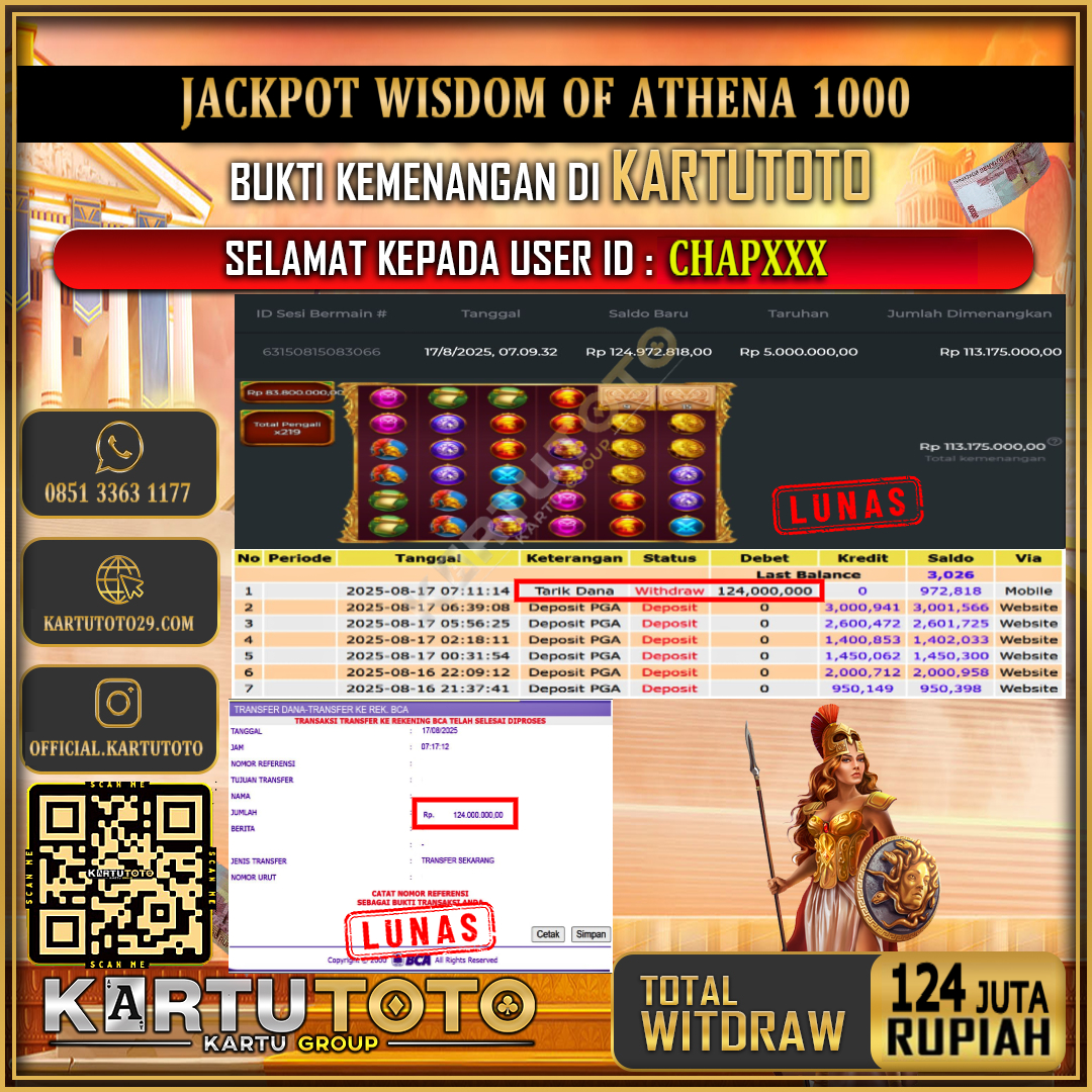 KARTUTOTO JACKPOT SLOT WISDOM OF ATHENA 1000 Rp.124.000.000,- LUNAS USER ID :  CHAP***