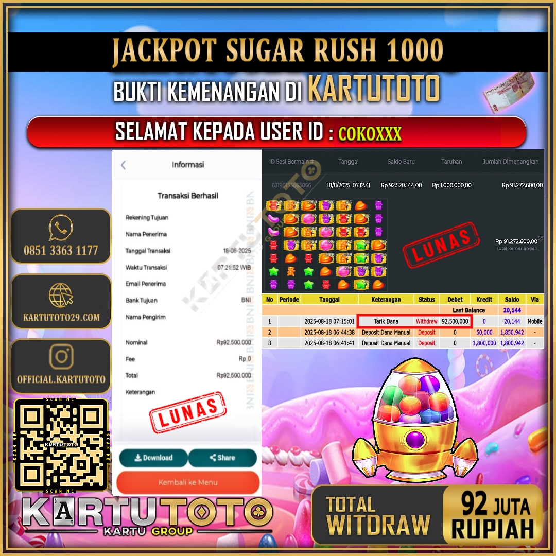 KARTUTOTO JACKPOT SLOT SUGAR RUSH 1000 Rp.92.000.000,- LUNAS USER ID :  COKO***