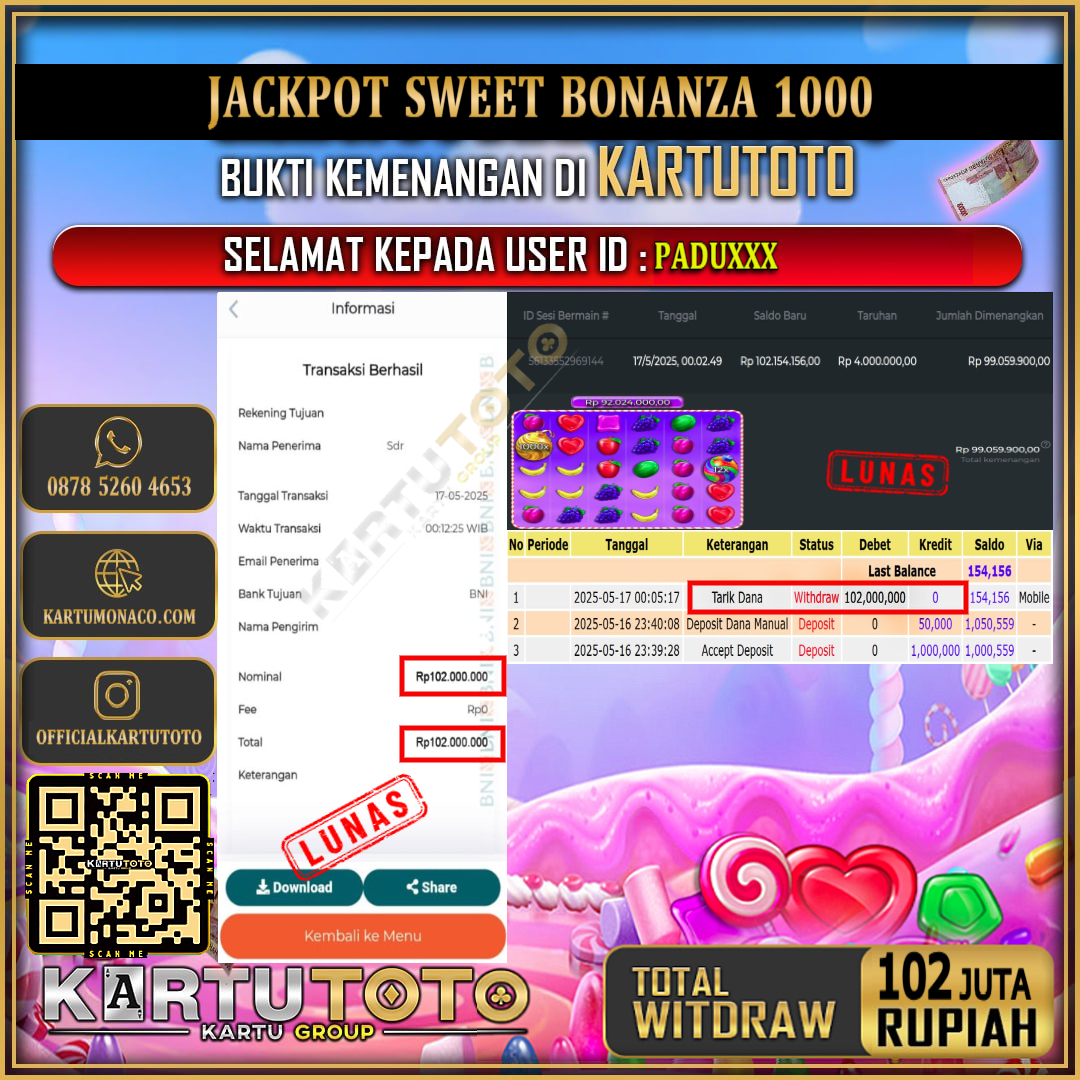 KARTUTOTO JACKPOT SLOT SWEET BONANZA 1000 Rp.102.000.000,- LUNAS USER ID : PADU***