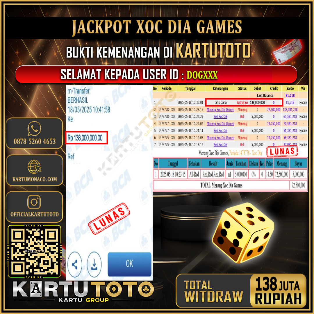 KARTUTOTO JACKPOT LIVE GAME XOC DIA GAMES Rp.138.000.000,- LUNAS USER ID : DOG***