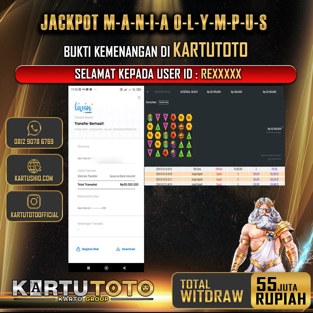 KARTUTOTO JACKPOT SLOT OLYMPUS MANIA Rp. 55.000.000,- LUNAS