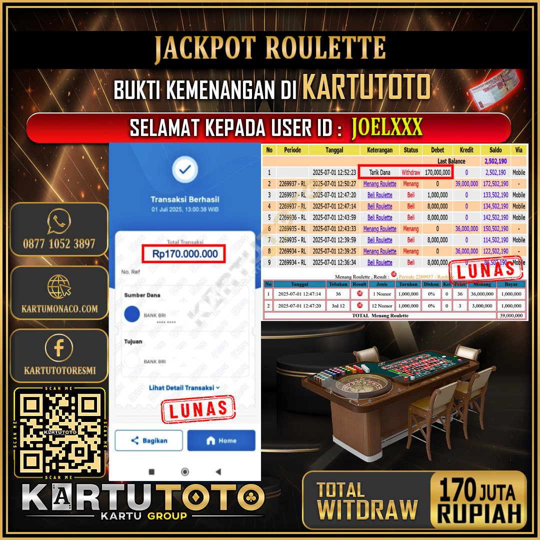 KARTUTOTO JACKPOT LIVE GAME ROULETTE Rp.170.000.000,- LUNAS USER ID :  JOEL***