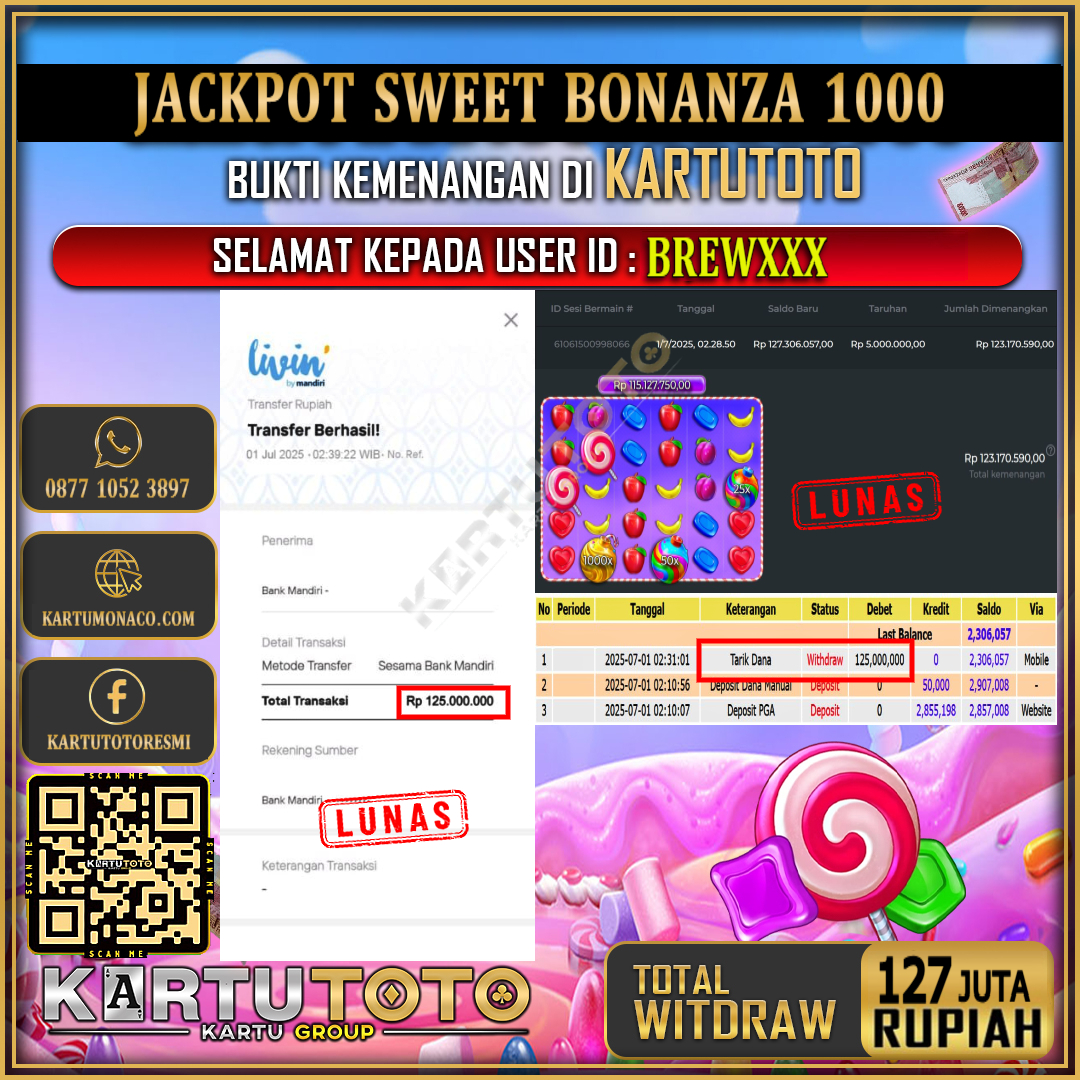 KARTUTOTO JACKPOT SLOT SWEET BONANZA 1000 Rp.127.000.000,- LUNAS USER ID :  BREW***