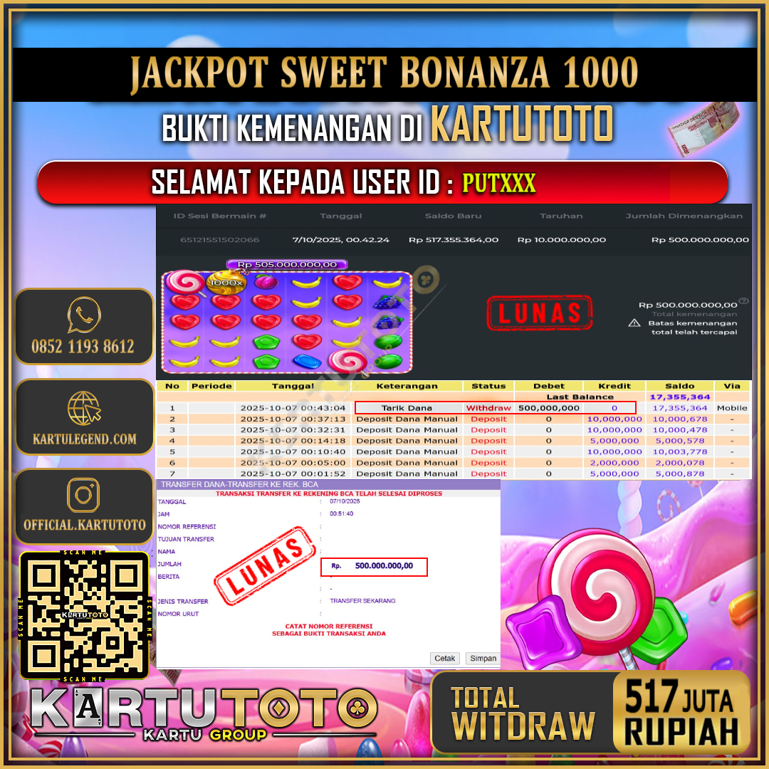 KARTUTOTO JACKPOT SLOT SWEET BONANZA 1000 Rp.517.000.000,- LUNAS USER ID : PUT***	
