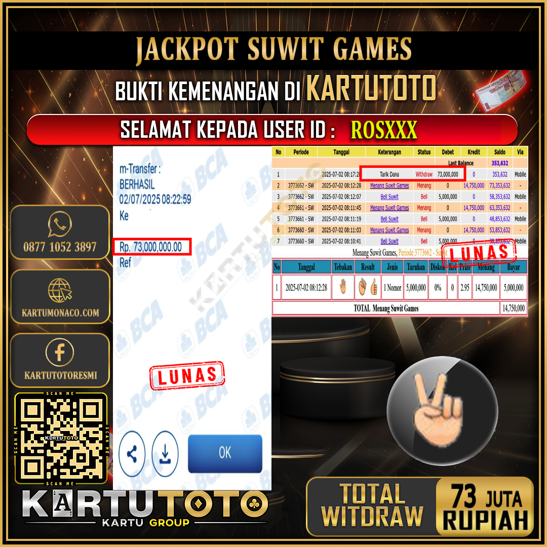 KARTUTOTO JACKPOT LIVE GAME SUWIT GAMES Rp.73.000.000,- LUNAS USER ID :  ROS***