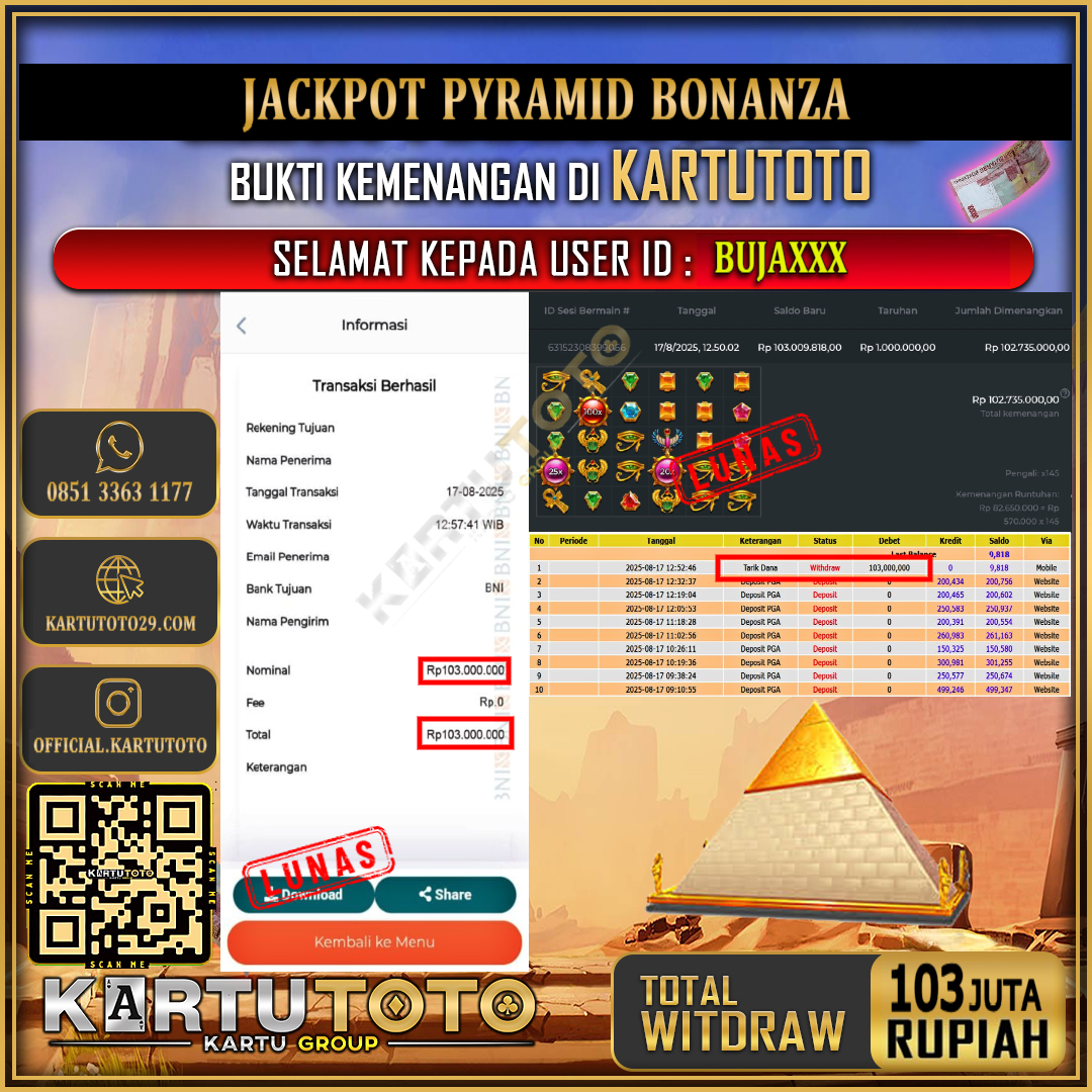 KARTUTOTO JACKPOT SLOT PYRAMID BONANZA Rp.103.000.000,- LUNAS USER ID :  BUJA***