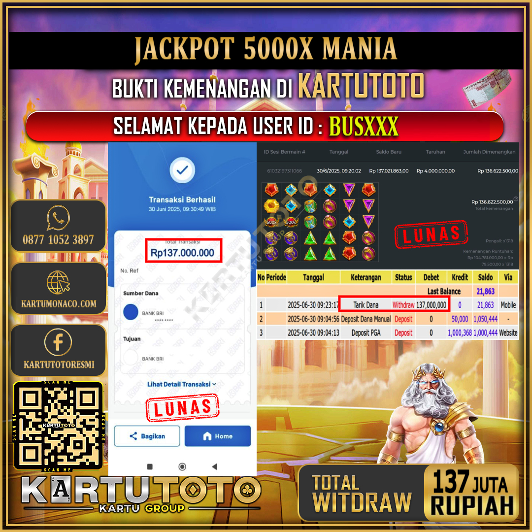 KARTUTOTO JACKPOT SLOT 5000X MANIA Rp.137.000.000,- LUNAS USER ID : BUS***