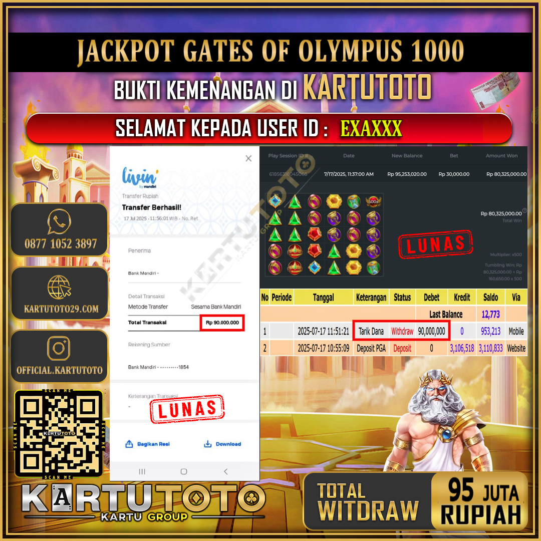 KARTUTOTO JACKPOT SLOT GATES OF OLYMPUS 1000 Rp.95.000.000,- LUNAS USER ID : EXA***