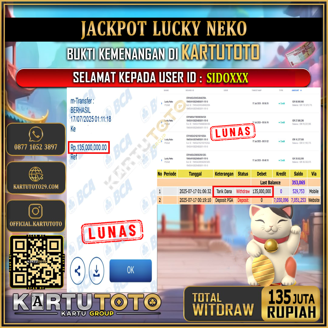 KARTUTOTO JACKPOT SLOT LUCKY NEKO Rp.135.000.000,- LUNAS USER ID : SIDO***