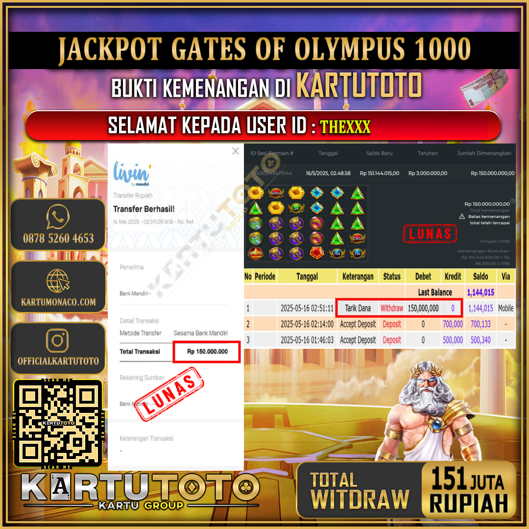 KARTUTOTO JACKPOT SLOT GATES OF OLYMPUS 1000 Rp.151.000.000,- LUNAS USER ID : THE***