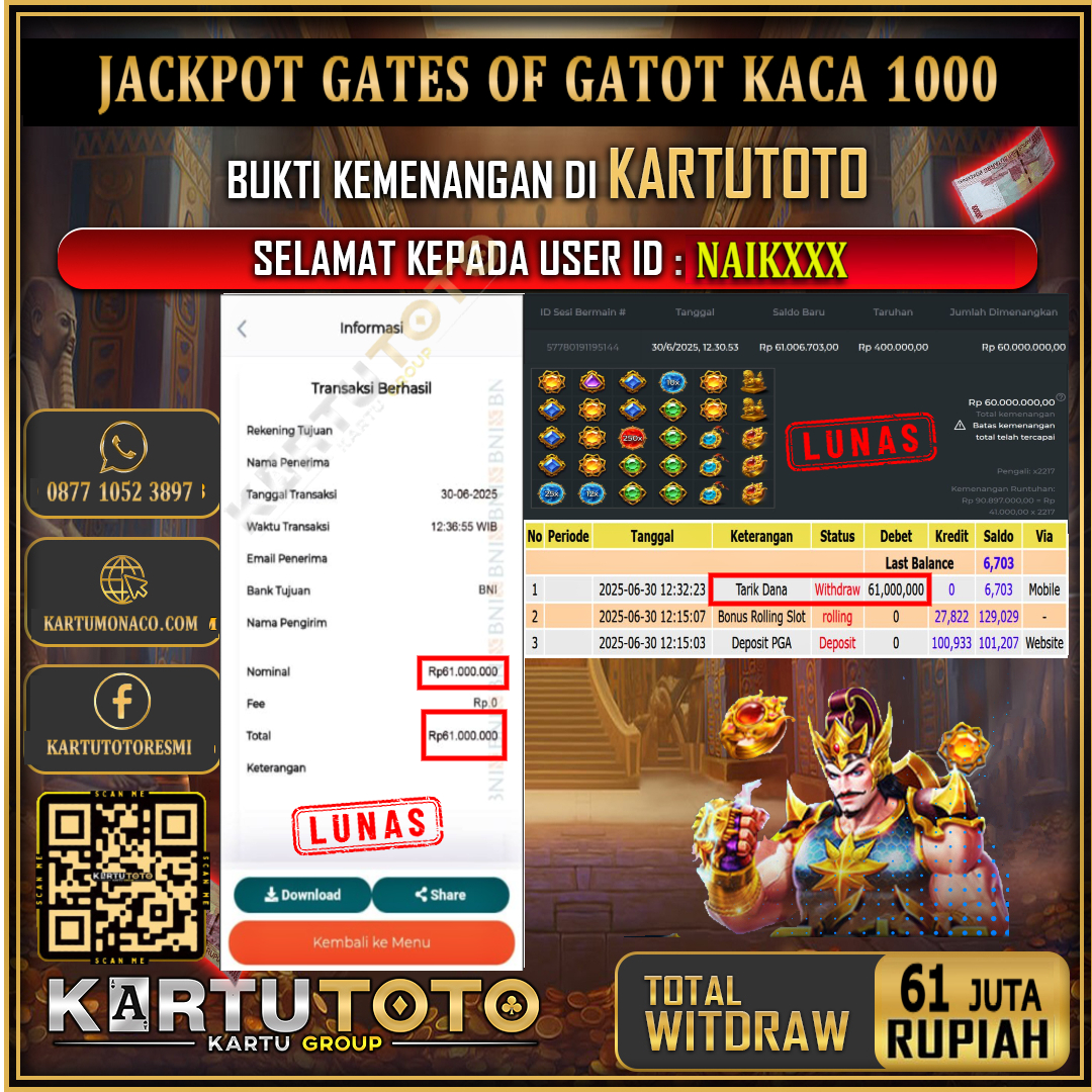 KARTUTOTO JACKPOT SLOT GATES OF GATOT KACA 1000 Rp.61.000.000,- LUNAS USER ID :  NAIK***