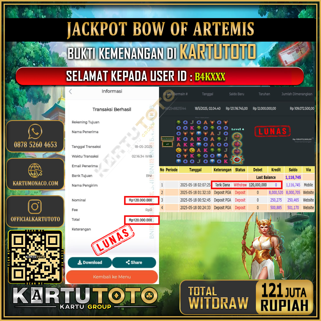 KARTUTOTO JACKPOT SLOT BOW OF ARTEMIS Rp.121.000.000,- LUNAS USER ID : B4K***