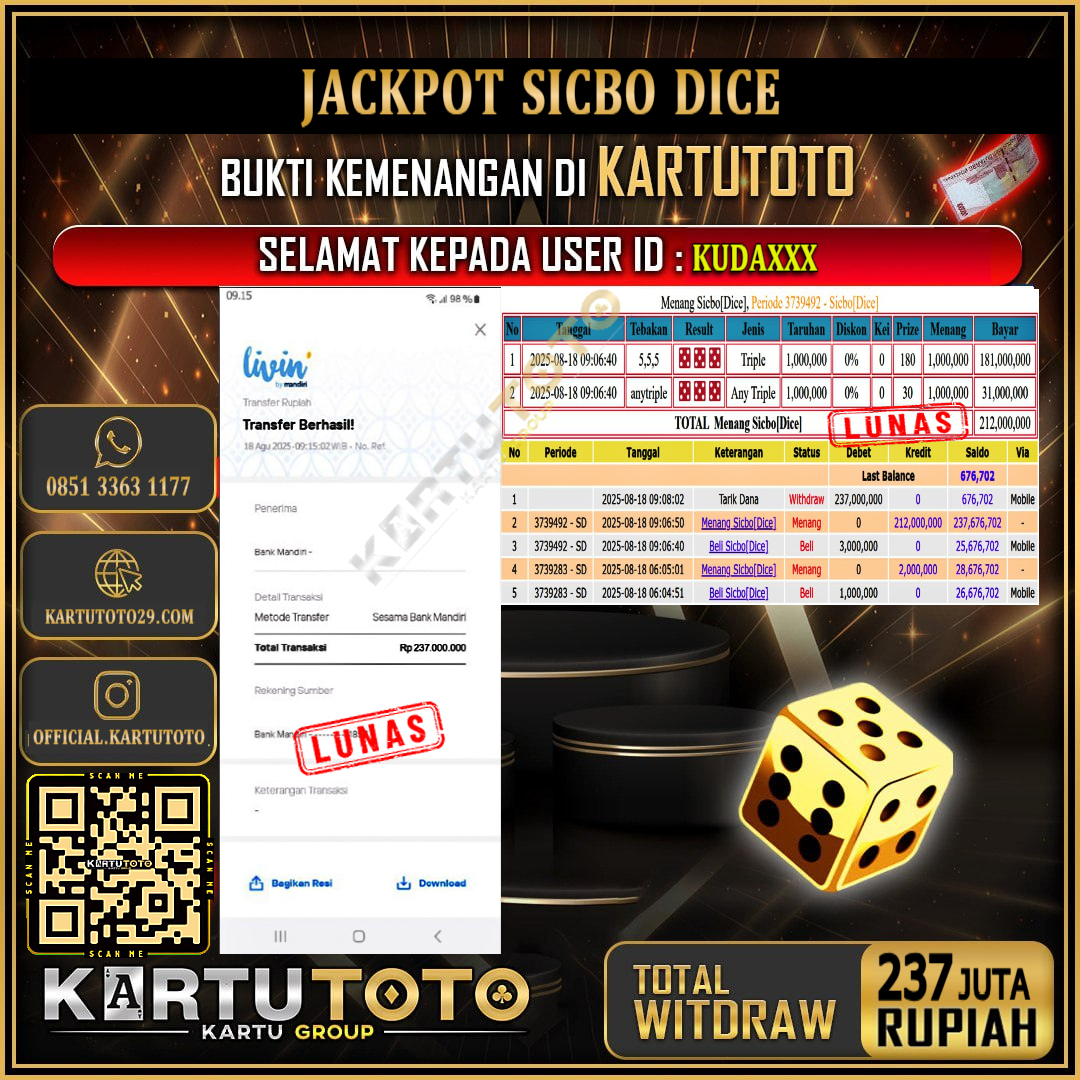 KARTUTOTO JACKPOT LIVE GAME SICBO DICE Rp.237.000.000,- LUNAS USER ID :  KUDA***